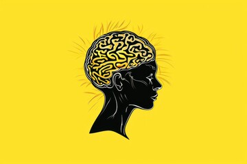  a drawing of a person's head with a sunburst in the middle of the brain on a yellow background.