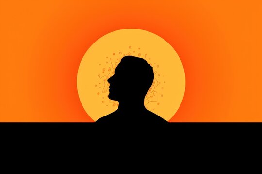  a silhouette of a man in front of an orange and yellow background with the sun in the middle of the image.