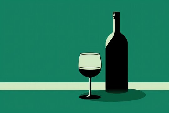  a bottle of wine and a glass of wine on a green background with a white stripe on the bottom of the image.