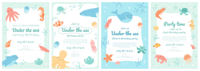 Set of under the sea birthday invitations templates. Kids party banner design with border of cute ocean animals, fish, dolphin, shrimp, octopus. Cartoon characters frame. Vector illustration. - Powered by Adobe