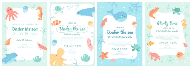 Poster Set of under the sea birthday invitations templates. Kids party banner design with border of cute ocean animals, fish, dolphin, shrimp, octopus. Cartoon characters frame. Vector illustration. © Marina
