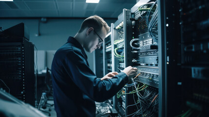 Technician Working at Management Conducting System Servers Diagnostics and Maintenance in a High-Tech Environment. Digital Technology System Administrator.