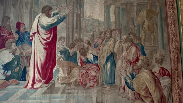 Close up shot showing picture of st paulus preaching in Athens Picture at Villa H&uuml;gel Museum, Germany