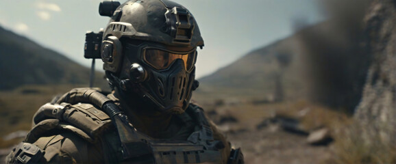 A cyborg soldier fighting in a warzone movie story seen trail cam footage, bokeh, particles