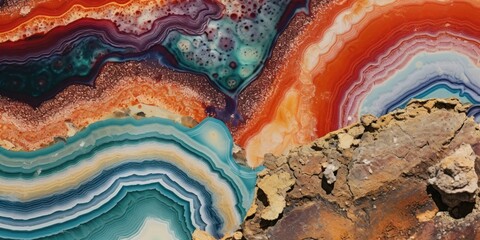  a close up of a rock with many different colors of paint on it and a rock outcropping in the foreground. - obrazy, fototapety, plakaty