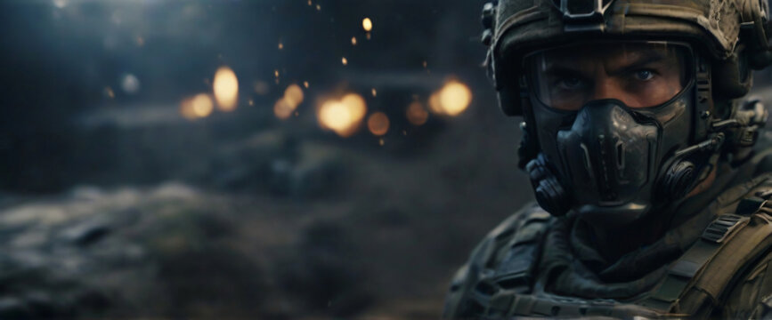 A cyborg soldier fighting in a warzone movie story seen trail cam footage, bokeh, particles