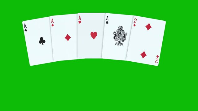 A poker hand consisting of Four of a Kind A, with cards thrown one by one on green screen 3D animation, animated poker cards, dealing poker cards animation. winning poker hand combination