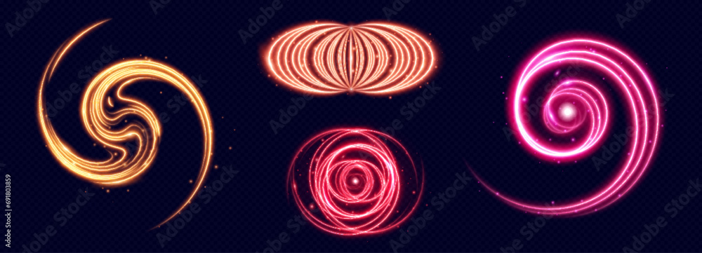 Poster magic light circle and spiral neon elements with swoosh effect and glowing sparkles. realistic vecto
