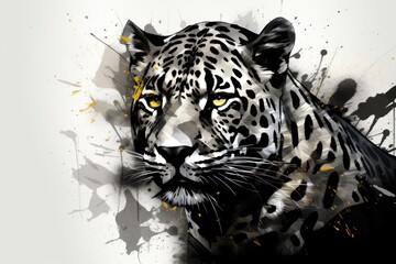  a painting of a black and white leopard with yellow eyes and a black and white pattern on it's face.