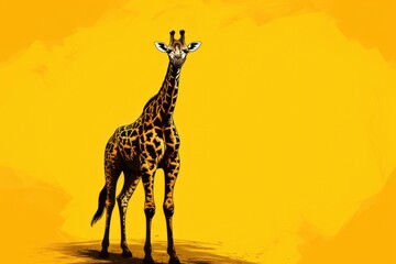 Fototapeta na wymiar a painting of a giraffe standing in front of a yellow background with a shadow of a giraffe.