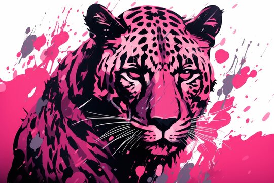  a close up of a pink and black leopard on a white and pink background with splatters of paint.