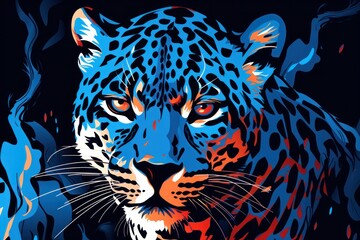  a painting of a leopard with blue and red colors on it's face and a black background with red, white, and blue spots.