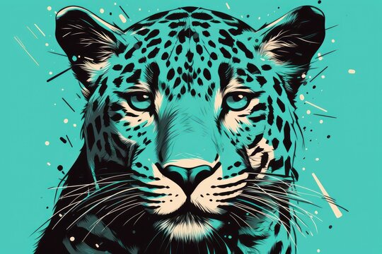  a close up of a leopard's face on a blue background with splatters and drops of paint.