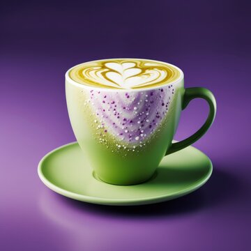  a green cup filled with liquid sitting on top of a saucer on top of a green saucer on a purple surface.