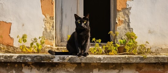 Small black feline in aged Portugal dwelling.