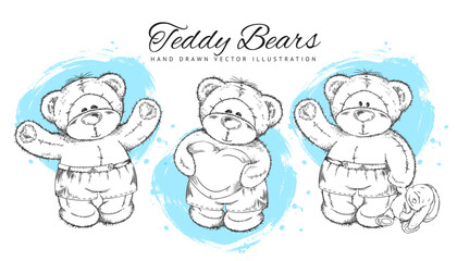 Set of colorless funny cartoon dolls bears boy with heart and bunny toy, hand drawn vector isolated illustrations