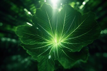  a close up of a green leaf with a bright light coming from the center of the center of the leaf.