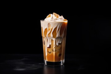  a tall glass filled with liquid and topped with a whipped cream topping on a black table with a black background.