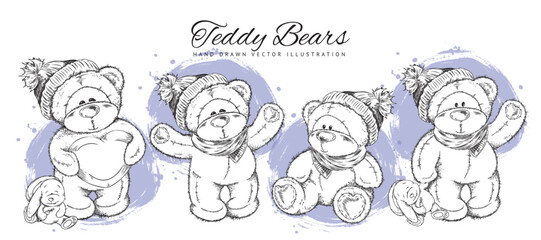 Set of cute hand drawn teddy bears in hats and scarfs sketch style