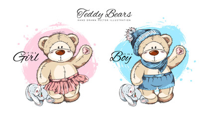 Hand drawn teddy bears for baby shower, sketch vector illustration isolated on white background.