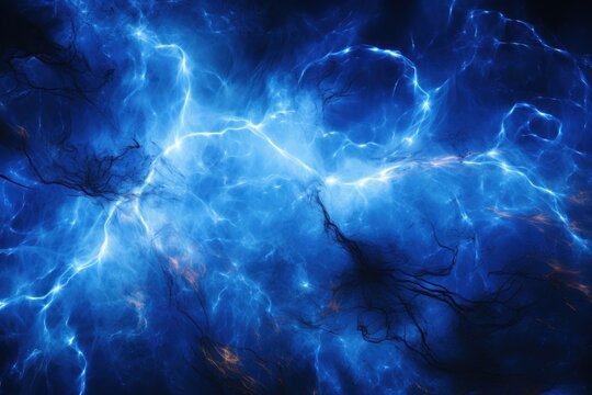  a blue background with a bunch of branches in the center of the image and a lot of lightening in the middle of the picture.