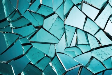  a close up of a glass wall with many pieces of broken glass in the middle of the wall and a blue sky in the background. - obrazy, fototapety, plakaty