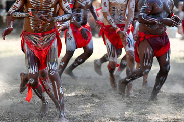 Fototapeta na wymiar Indigenous Australians ceremonial dance in Laura Quinkan Dance Festival Cape York Queensland Australia