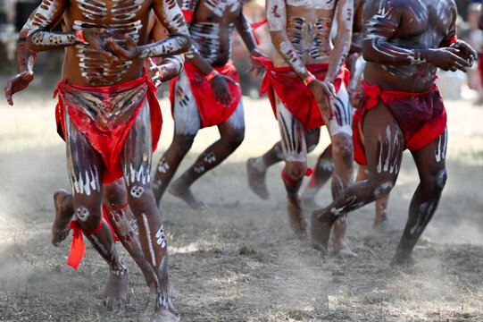Indigenous Australians ceremonial dance in Laura Quinkan Dance Festival Cape York Queensland Australia