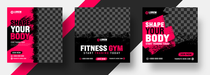 watercolor paint brush strokes texture Fitness gym social media post banner template with black and red color. Grunge brush stroke effect Workout fitness and Sports social media post banner bundle. - obrazy, fototapety, plakaty