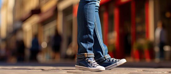 Blue jeans clad legs of a plastic model in Orleans, France. - obrazy, fototapety, plakaty