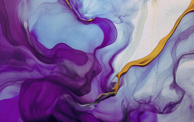 Purple and Gold Alcohol Ink Abstract Art with Watercolor Texture