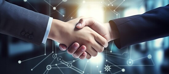 Two tech engineers shaking hands at a mobile app design meeting, close-up.