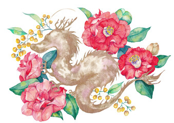 Hand-painted watercolor illustration of dragon and flowers