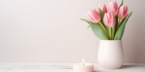 Clay pot of pink tulips rests beside a lit candle and a pink card.