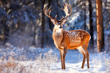 Naklejka na ściany i meble Beautiful reindeer in the forest in winter