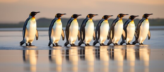 Group of emperor penguins stride towards the ocean on a sandy shore. - obrazy, fototapety, plakaty