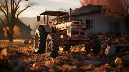 Vantage style tractor in countryside farm.