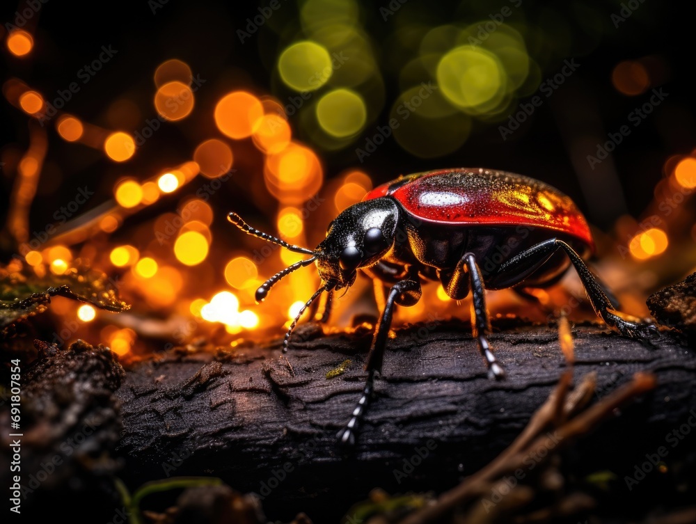 Poster a red and black bug sitting on top of a tree branch. generative ai.