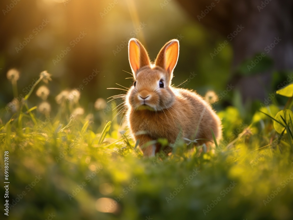 Poster a rabbit on grass with the sun shining behind it. generative ai.