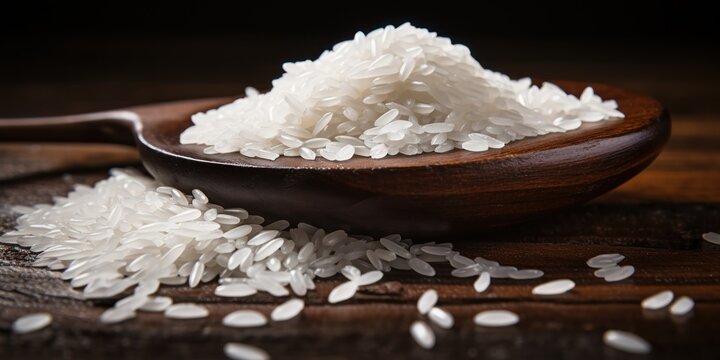 Heap of white rice spills softly onto the dark wood surface.