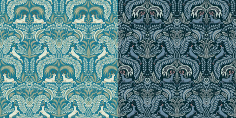 A set of two seamless patterns. An ornament with the image of a deer in green and blue tones. Damask ornament, Victorian style. Design for home textiles, wallpapers, backgrounds.