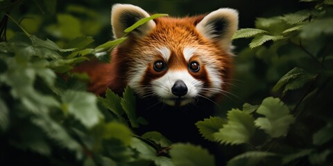 Obraz premium Red panda looks on, its face framed by dark foliage.