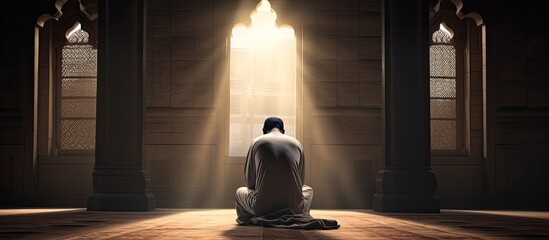 Muslim man praying at mosque during Ramadan for spiritual faith, God, and religious worship, alongside individuals of Islamic or Arab background gathered to pray at a sacred place. - obrazy, fototapety, plakaty