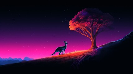 Kangaroo Neon light animal hill next tree AI Generated pictures - obrazy, fototapety, plakaty