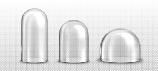 Glass domes set isolated on transparent background. Vector realistic illustration of different size 3D bell jars, laboratory tool, spherical exhibition display, kitchen glassware with glossy surface © klyaksun