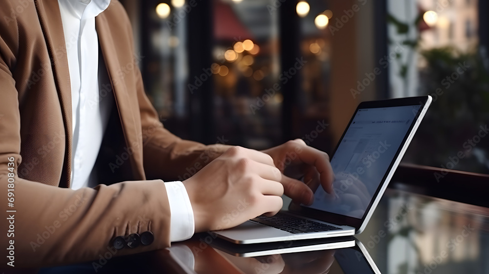 Poster close-up photo of female hands with digital tablet. young woman working remotely at home. concept of