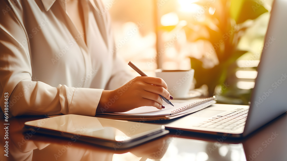 Poster close-up photo of female hands with digital tablet. young woman working remotely at home. concept of