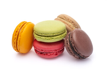Sweet and colored macaroons on white background