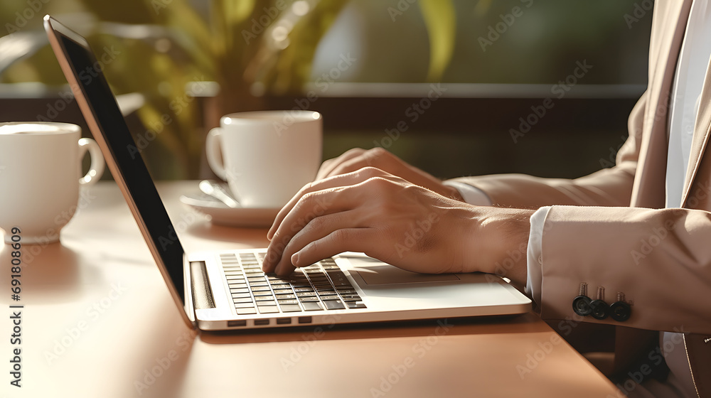 Poster close-up photo of male hands with laptop. man working remotely at home. concept of networking or rem