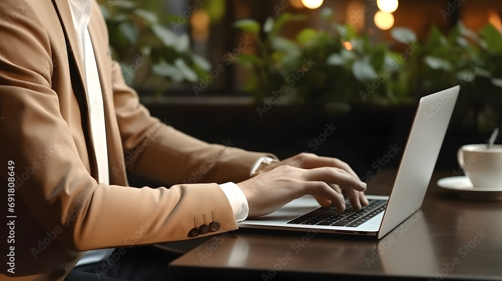 Poster close-up photo of male hands with laptop. man working remotely at home. concept of networking or rem